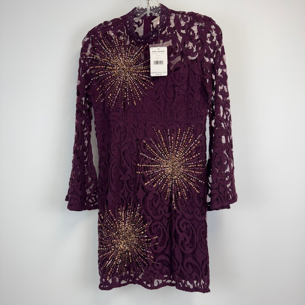 Free People Purple Lace Mini Dress with Gold Embellishment